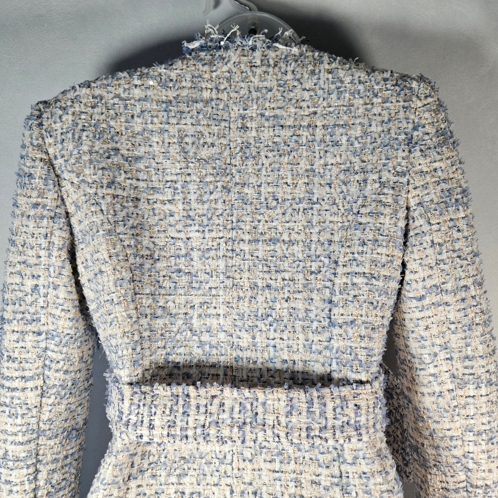 Balmain Tweed Jacket Womens M Blue Fringed Sequin Glam Designer Belt Luxury Boho - Picture 15 of 16